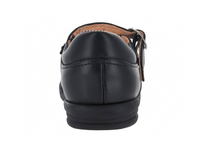 Zapato infantil negro estilo Mary Jane con correa, hebilla plateada y detalle bordado de corazón en la punta.