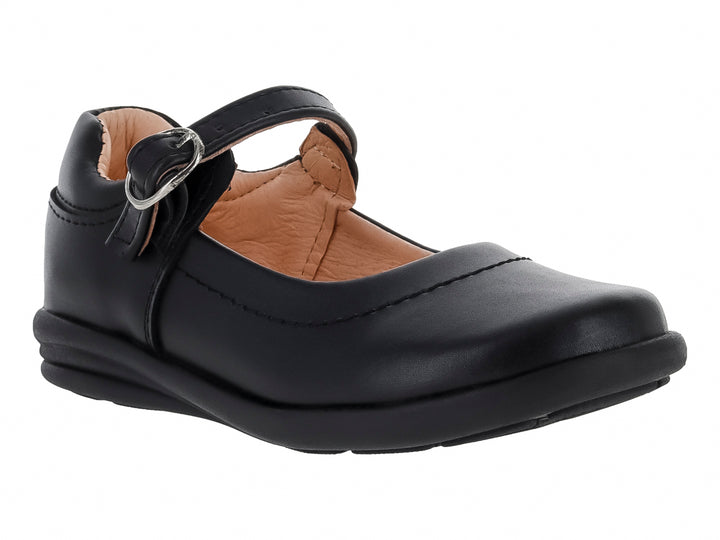 Zapato negro estilo Mary Jane para niña con hebilla plateada.