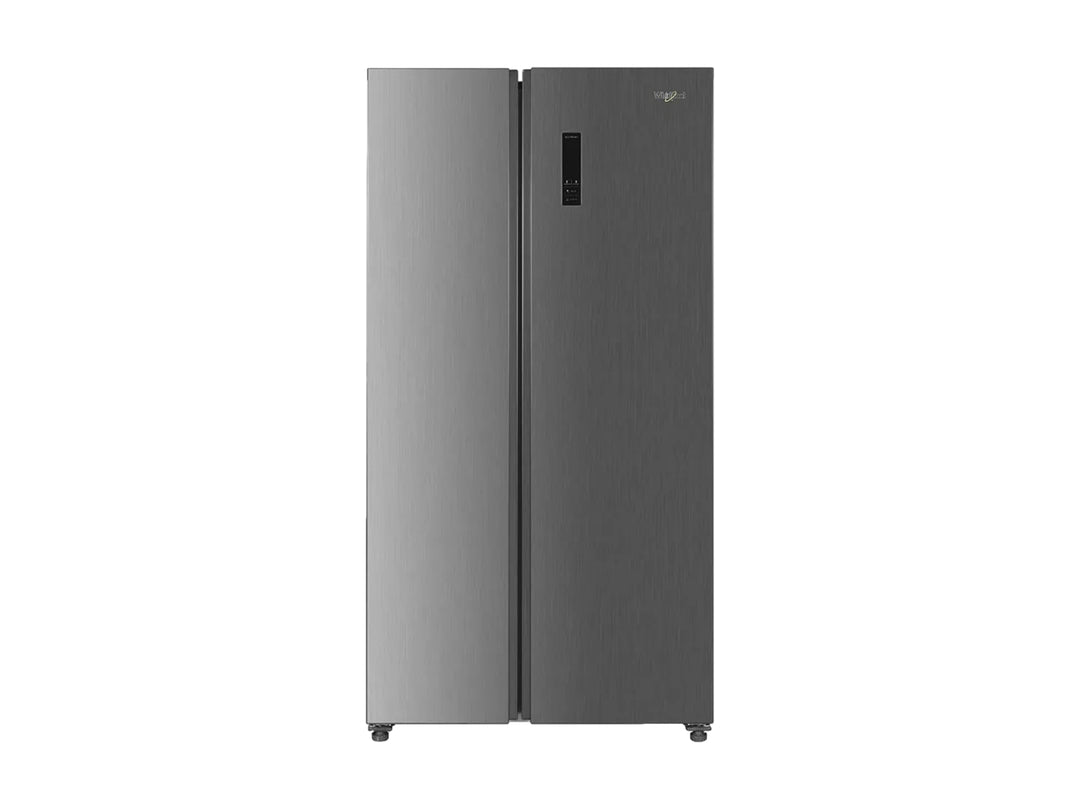 Refrigerador Whirlpool Side by Side color gris con acabado metálico y panel de control digital.