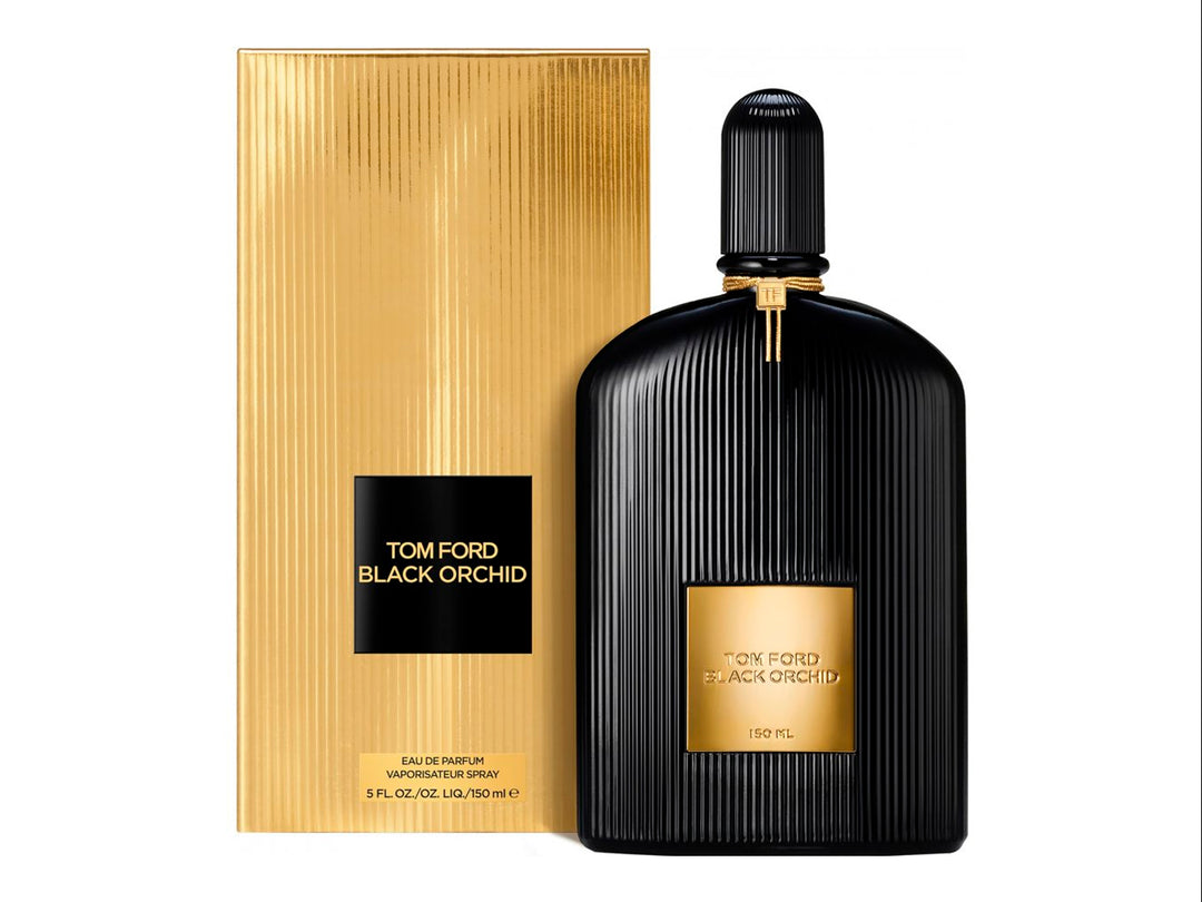Perfume Tom Ford Black Orchid de 100ml con frasco negro estriado y caja dorada.