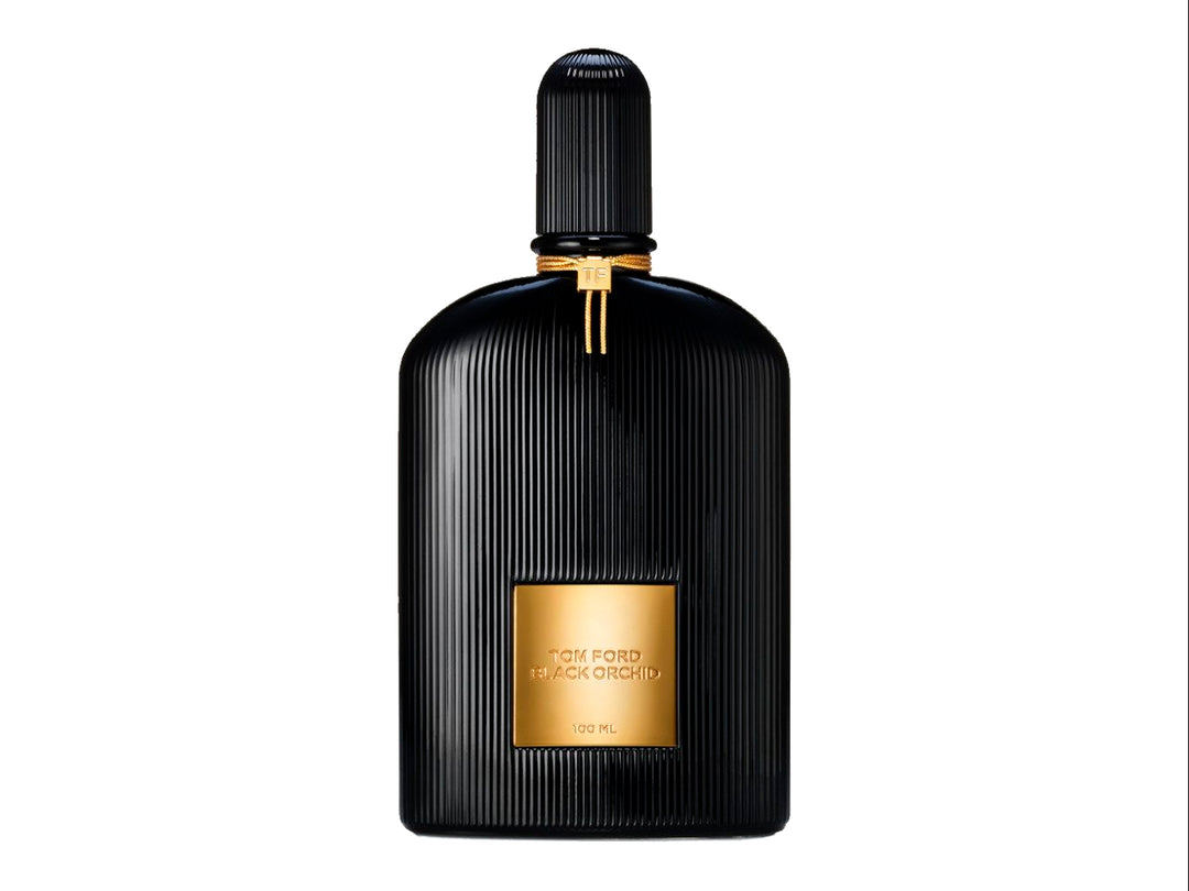 Perfume Tom Ford Black Orchid de 100ml con frasco negro estriado y caja dorada.