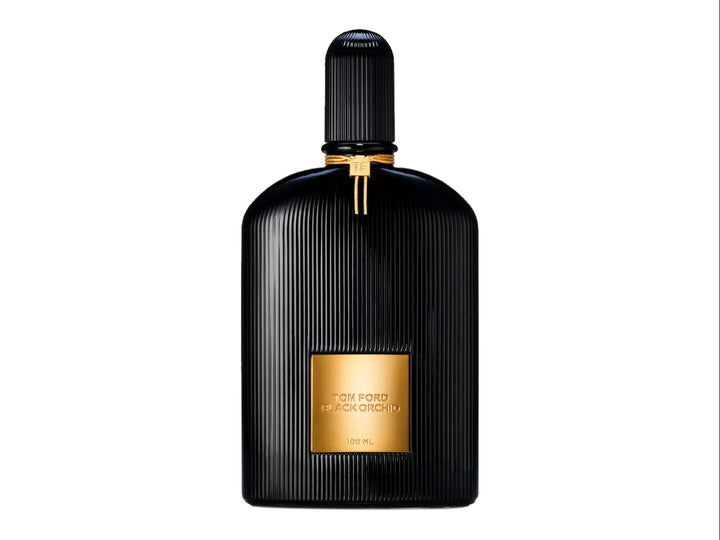 Perfume Tom Ford Black Orchid de 100ml con frasco negro estriado y caja dorada.