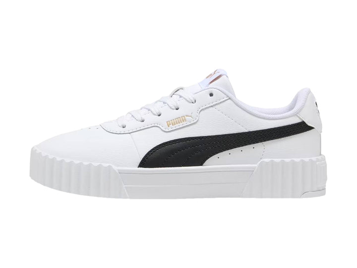 Tenis PUMA Carina 3.0 en color blanco con franja lateral negra y suela de plataforma blanca.