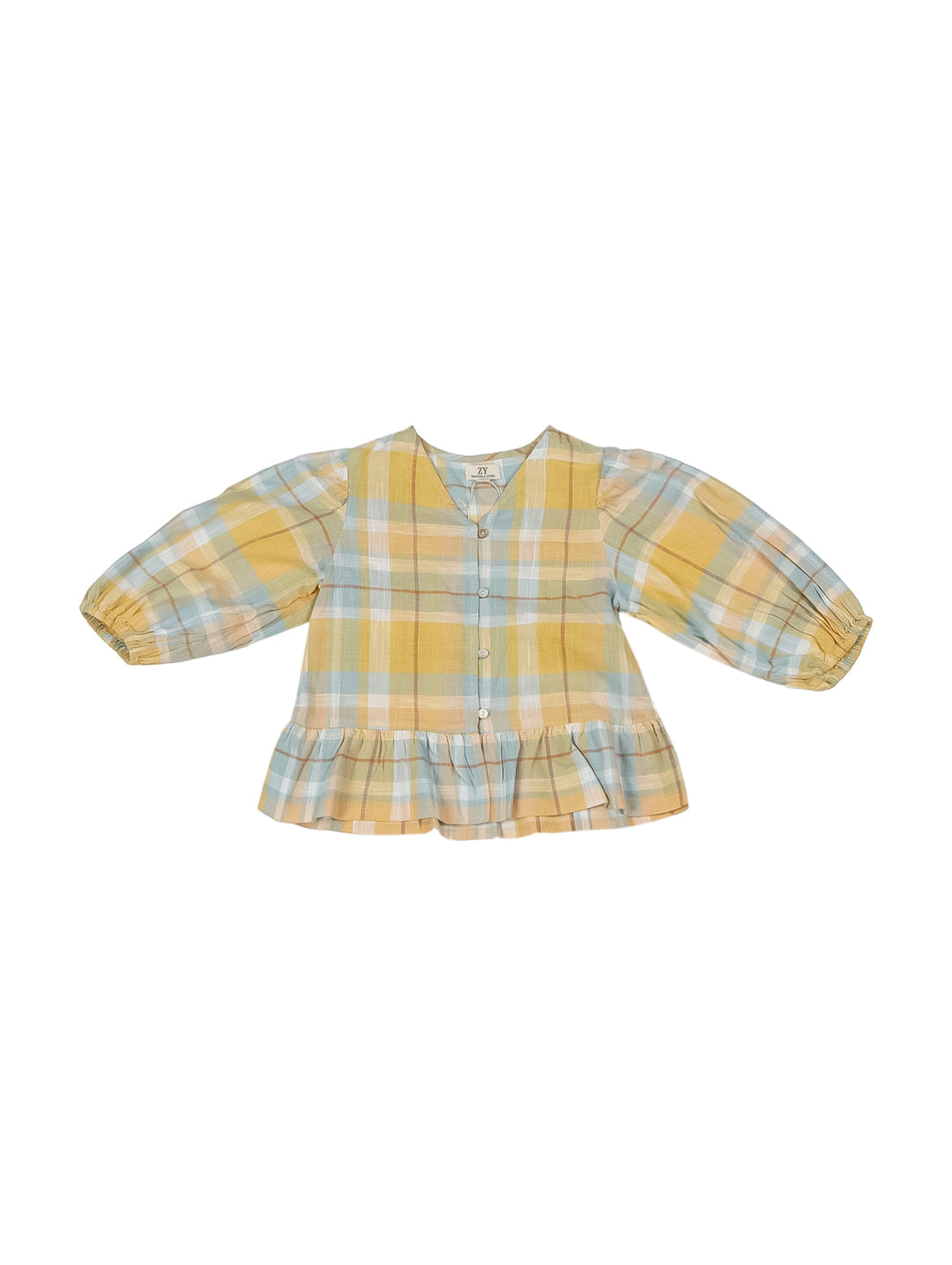 Blusa para niña amarilla y azul con estampado de cuadros, botones frontales y acabado con volantes.