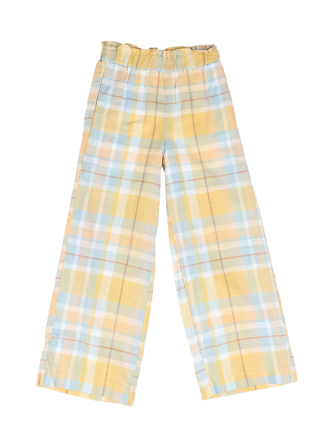 Pantalón para niña de pierna ancha con estampado de cuadros en tonos amarillo claro, azul y blanco.