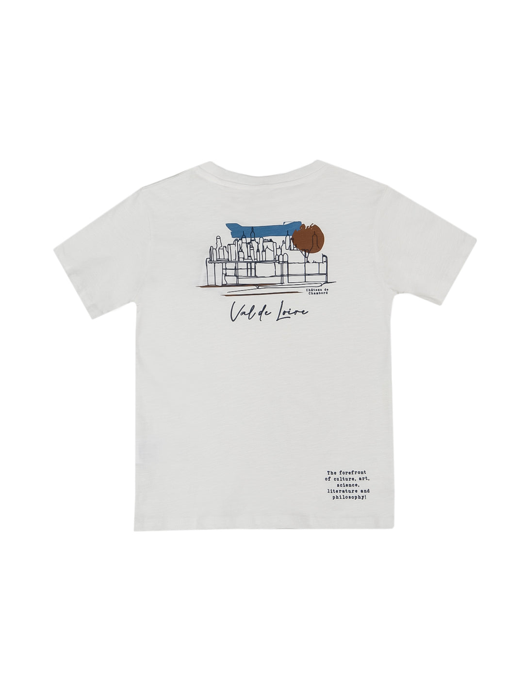 Playera blanca de manga corta para niño o niña con un pequeño detalle bordado en el pecho.