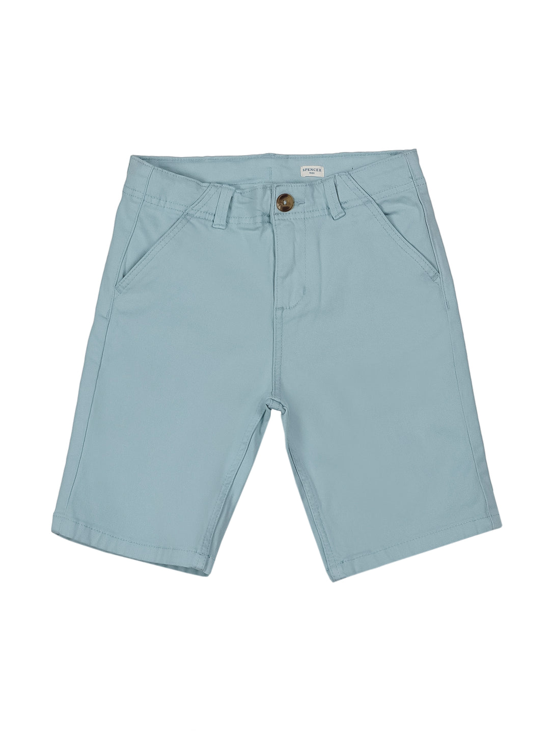 Shorts para niño de color azul claro con bolsillos laterales y botón frontal.