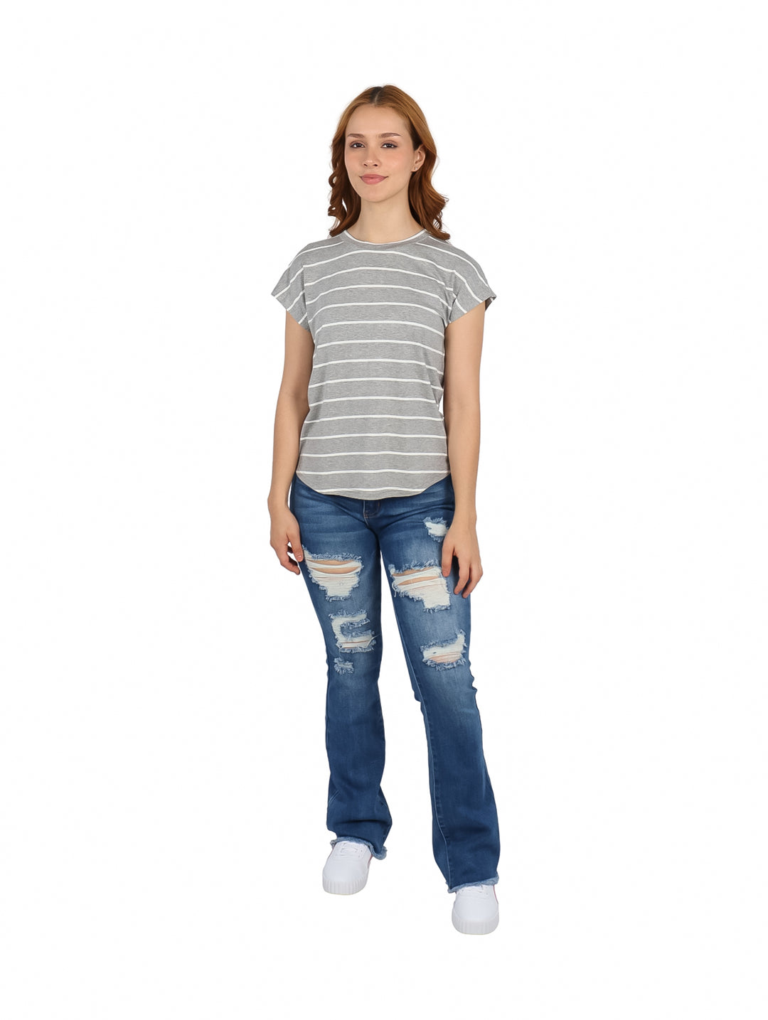 Blusa gris con rayas blancas horizontales de manga corta para mujer.