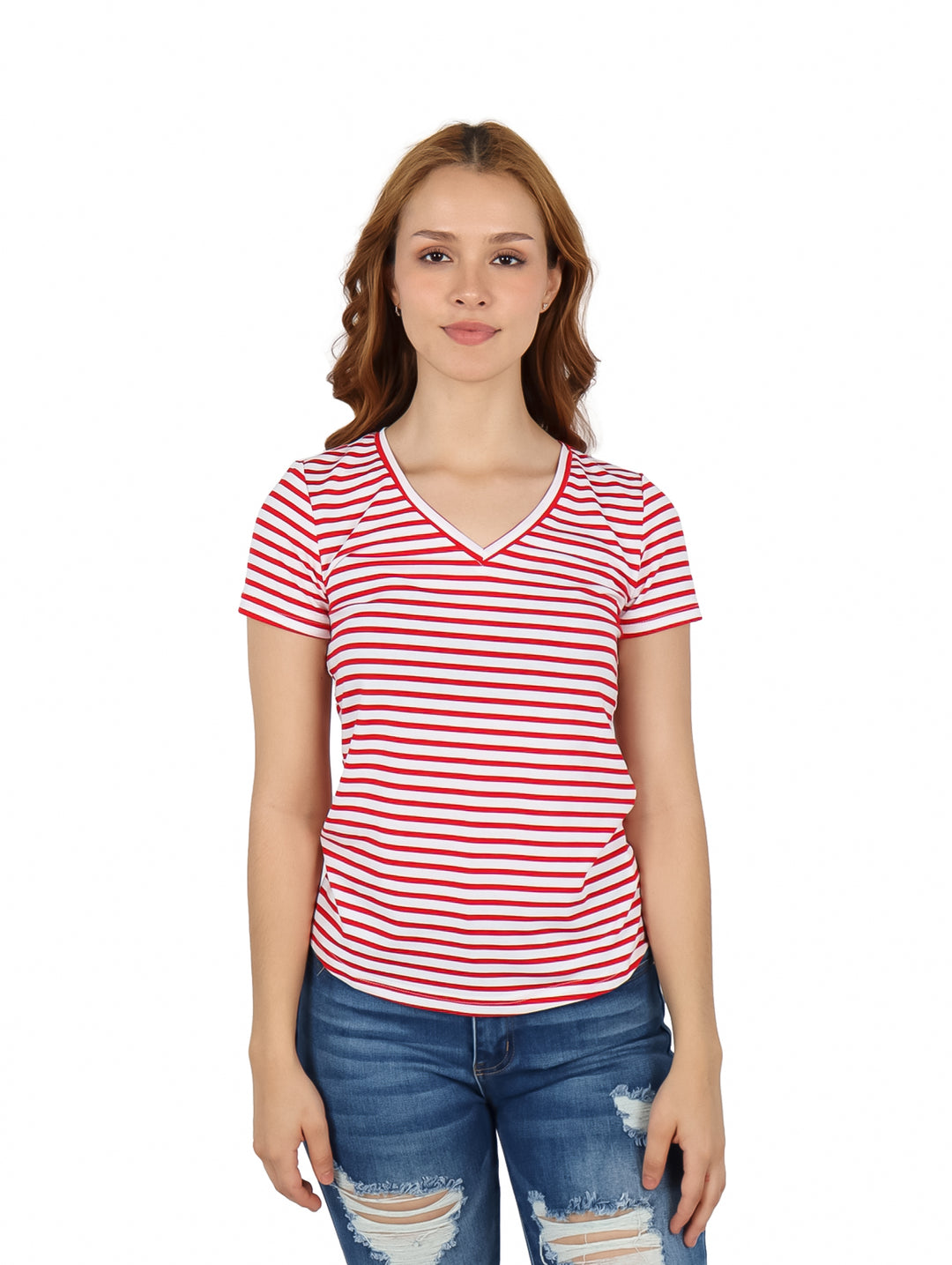 Blusa para mujer con rayas horizontales rojas y blancas, cuello en V y manga corta.