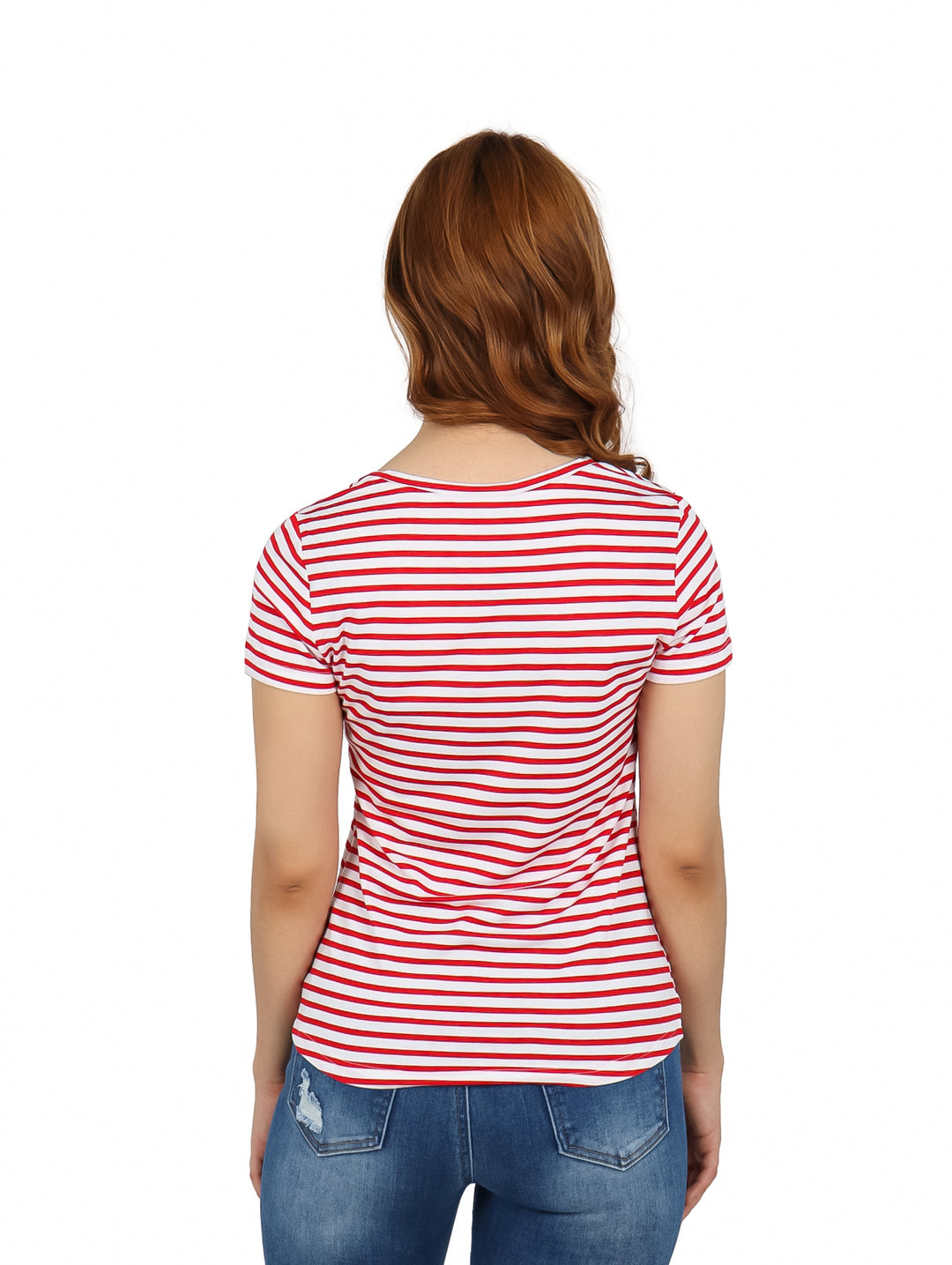 Blusa para mujer con rayas horizontales rojas y blancas, cuello en V y manga corta.