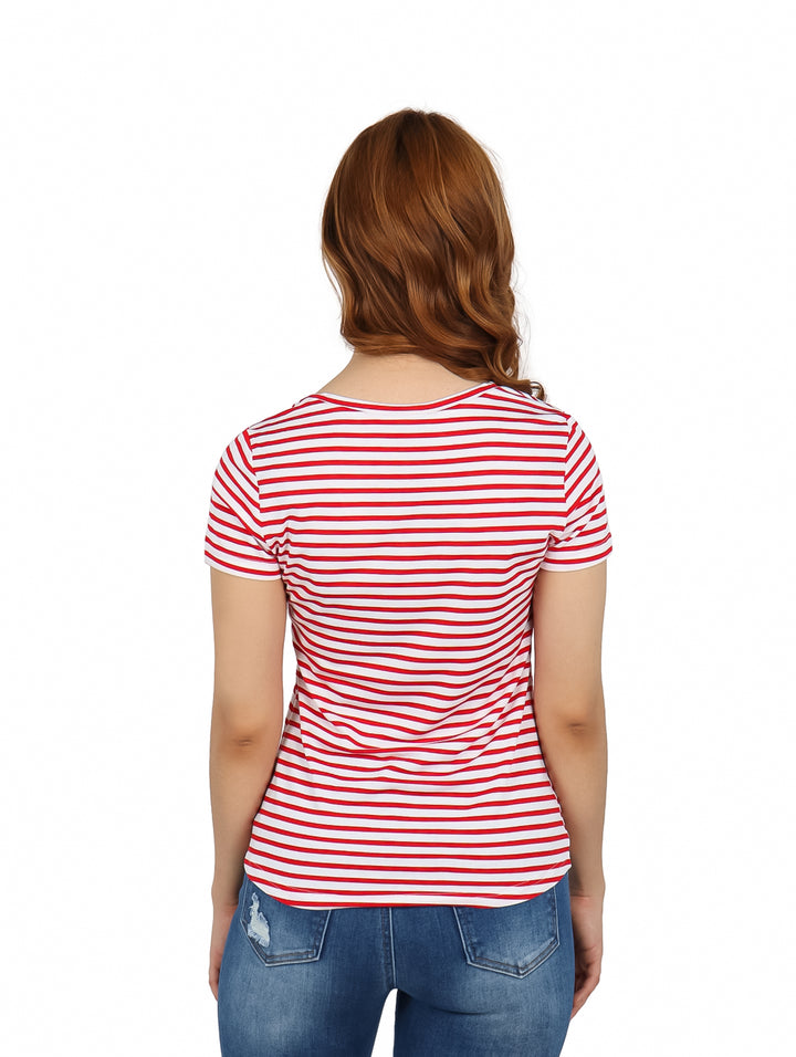 Blusa para mujer con rayas horizontales rojas y blancas, cuello en V y manga corta.