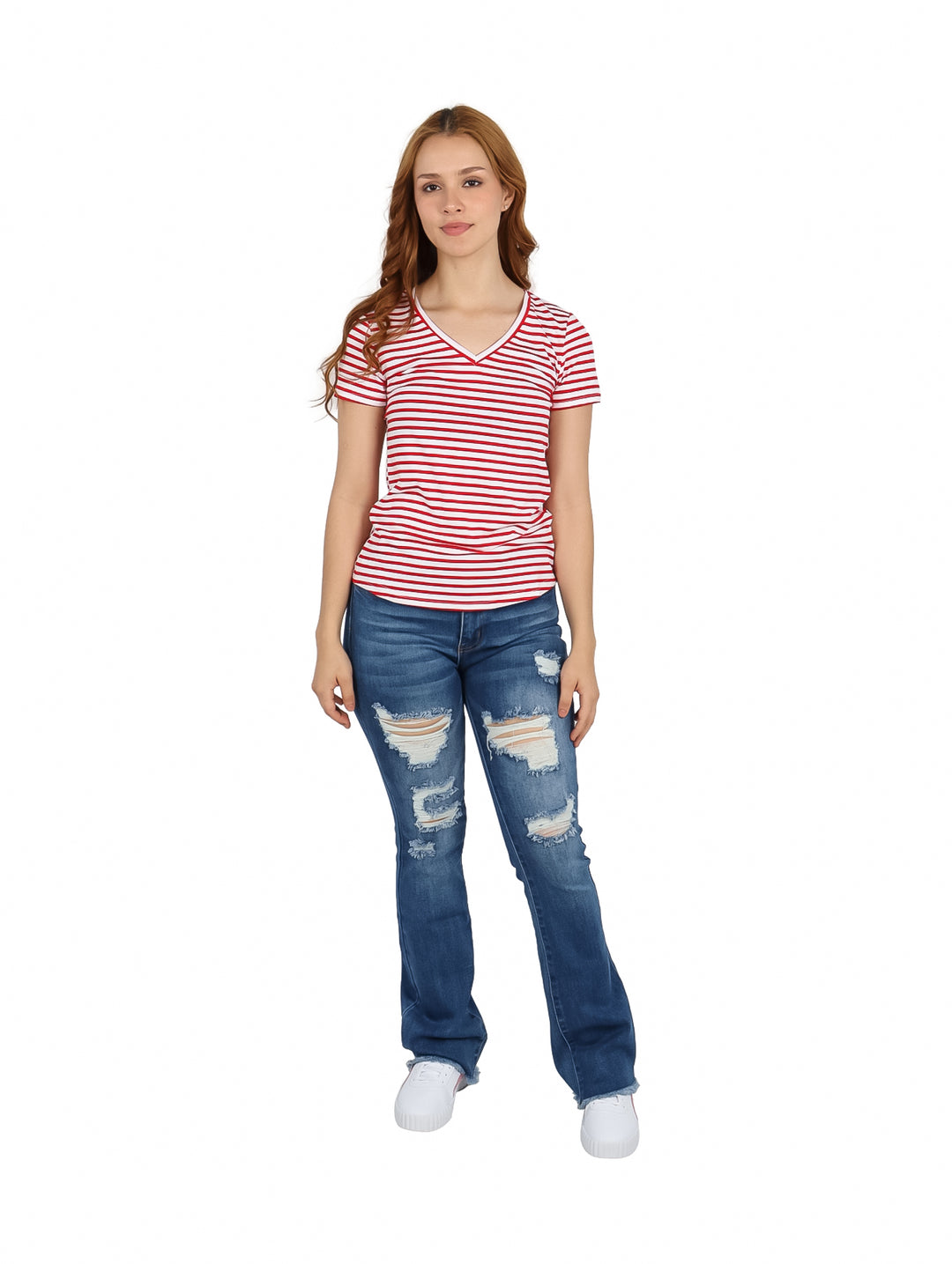 Blusa para mujer con rayas horizontales rojas y blancas, cuello en V y manga corta.
