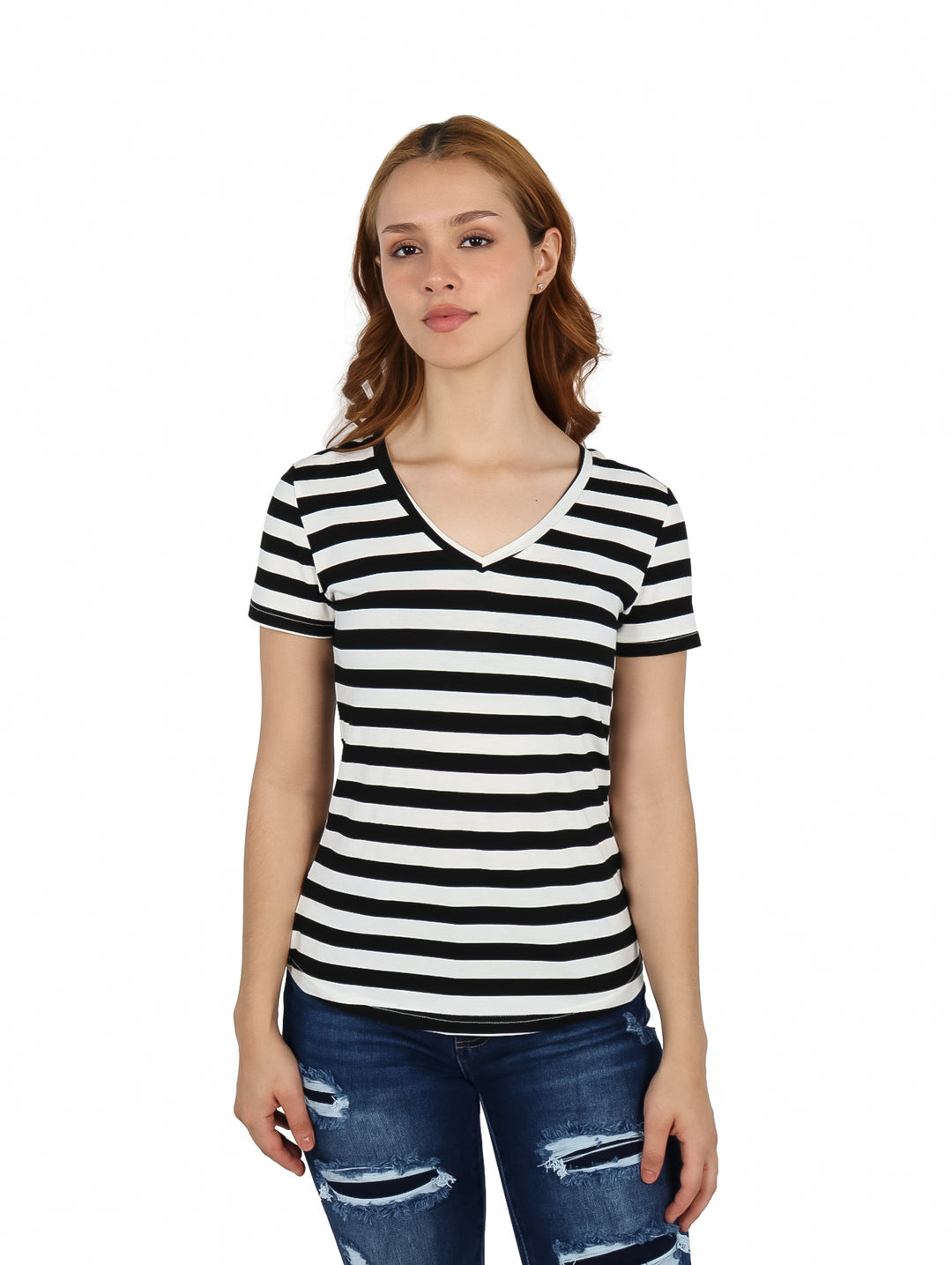 Blusa para mujer con rayas horizontales negras y blancas, cuello en V y manga corta.