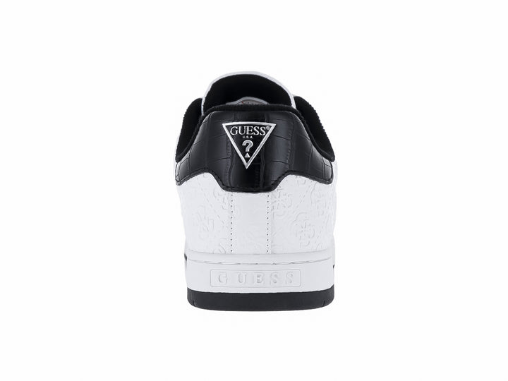 Tenis blancos de la marca GUESS con una franja roja lateral y suela negra.