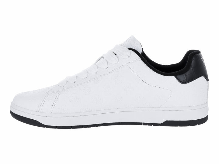 Tenis blancos de la marca GUESS con una franja roja lateral y suela negra.