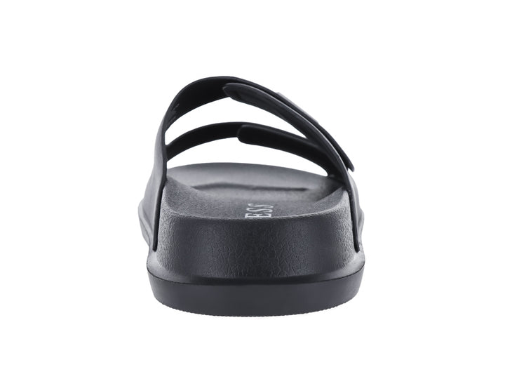Sandalia deslizable color negro de la marca GUESS con dos correas superiores y suela plana.