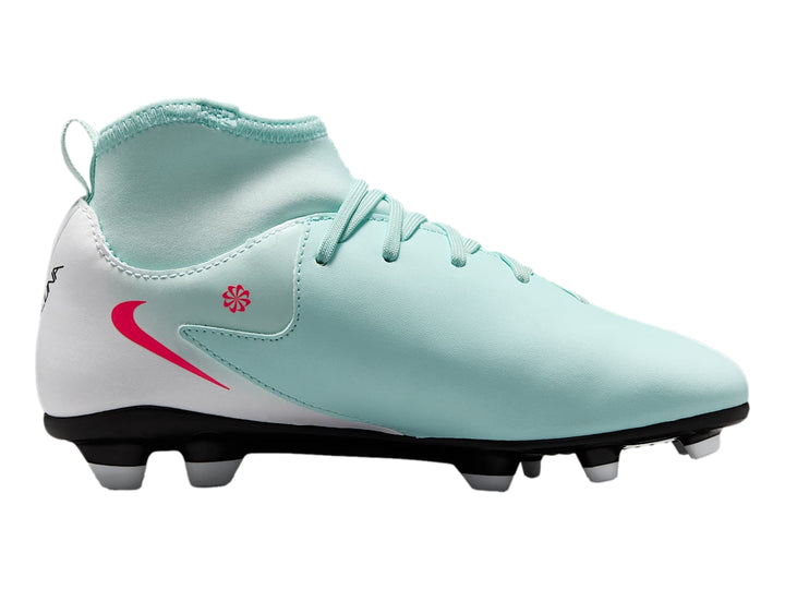 Calzado de fútbol Nike Phantom Luna en color menta y blanco con detalles en rojo y suela negra con tacos.