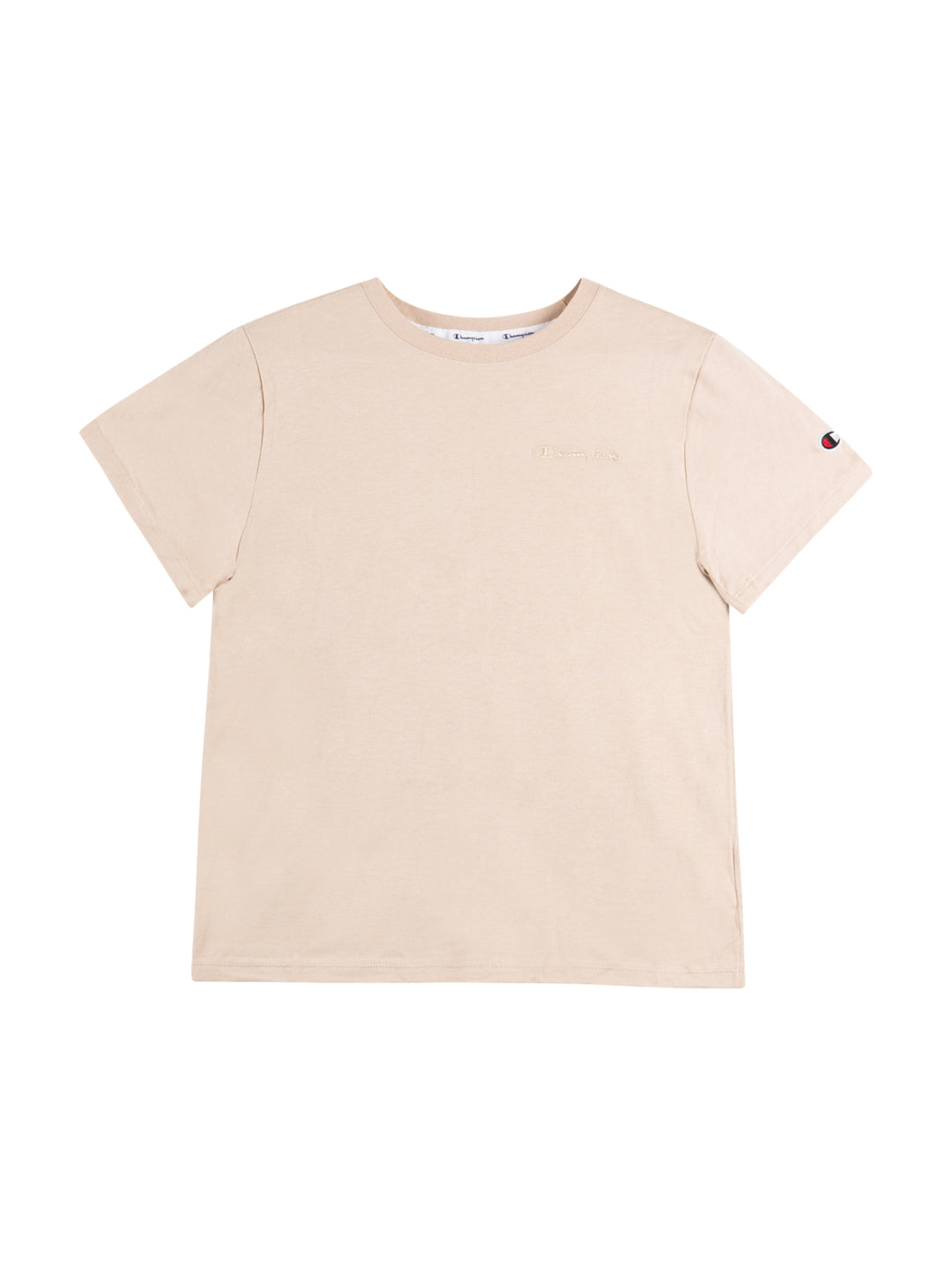 Playera Champion de color natural con cuello redondo y manga corta.