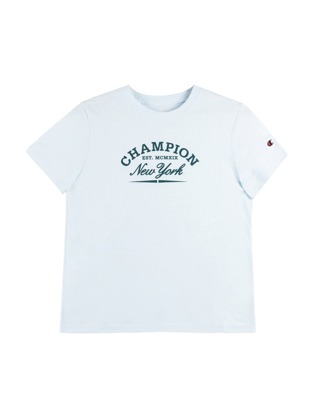 Playera Champion color azul cielo con logotipo clásico de New York en el pecho y detalle en la manga.
