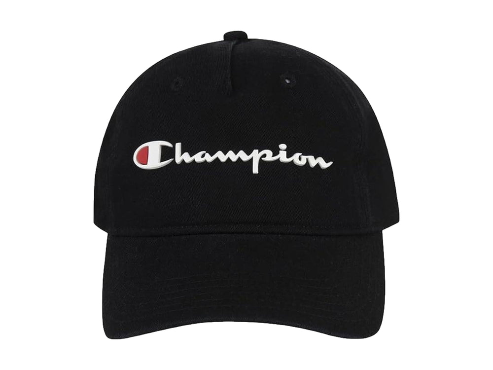 Gorra de béisbol color negro con logotipo de Champion bordado en blanco y rojo en el frente.