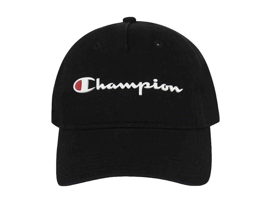 Gorra de béisbol color negro con logotipo de Champion bordado en blanco y rojo en el frente.
