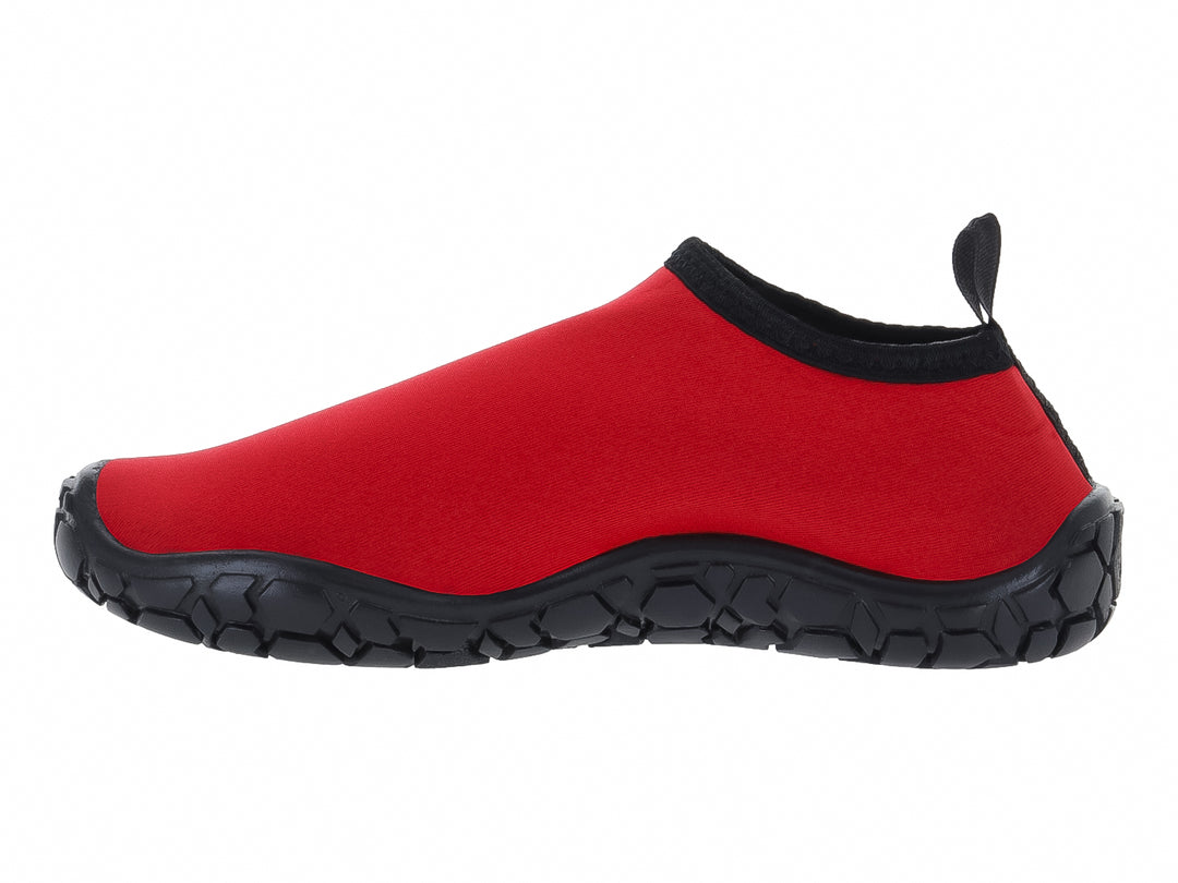 Zapato acuático Splash Pro de color rojo con suela negra y tirador posterior.