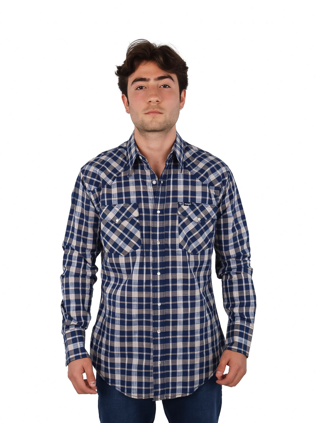 Camisa Wrangler para hombre a cuadros en colores marino y beige, manga larga y botones.