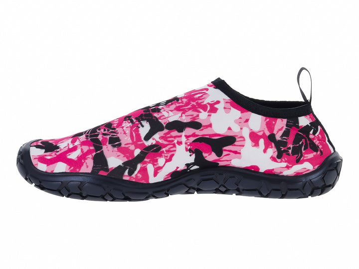 Calzado acuático Splash Pro Shark Cam en color rosa con estampado de camuflaje y suela negra.