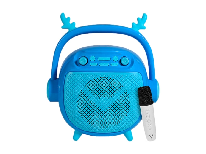 Bocina Bluetooth Vorago azul para niños con asa en forma de astas y micrófono inalámbrico blanco.