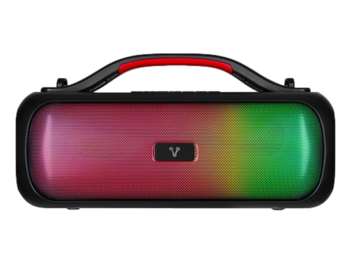 Bocina portátil Vorago color negro con asa roja y rejilla frontal iluminada con luces LED multicolores.