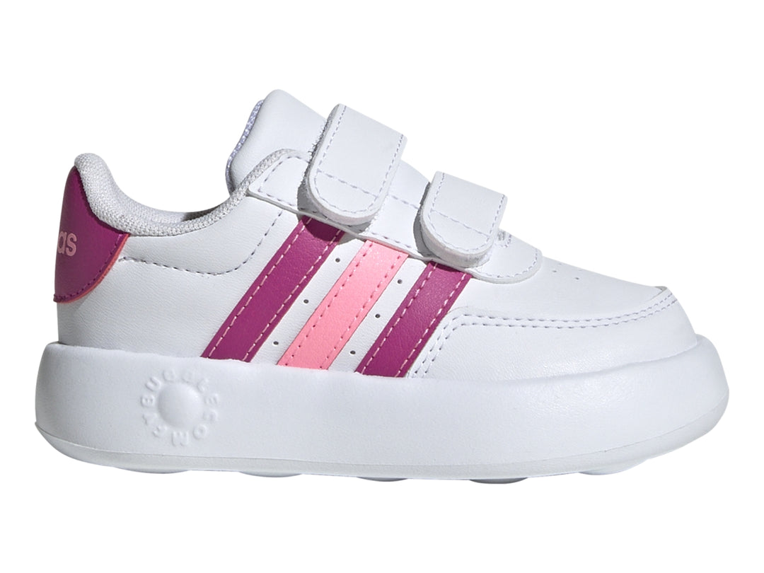 Tenis Adidas Breaknet 2.0 blancos con rayas fucsias y rosas, cierre de velcro para niños pequeños.