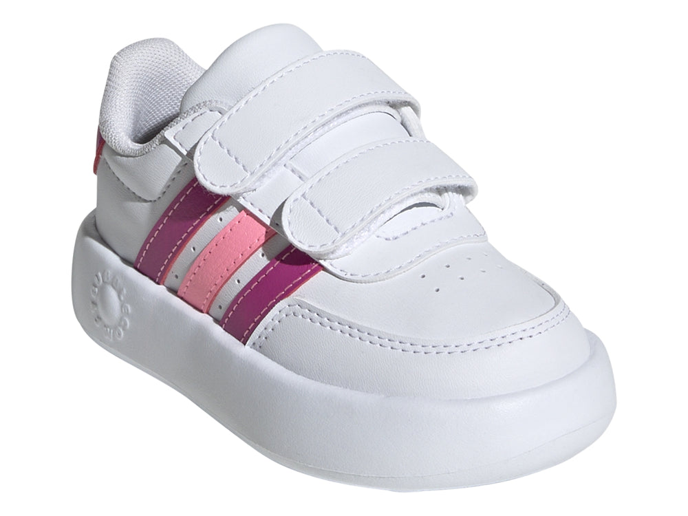 Tenis Adidas Breaknet 2.0 blancos con rayas fucsias y rosas, cierre de velcro para niños pequeños.