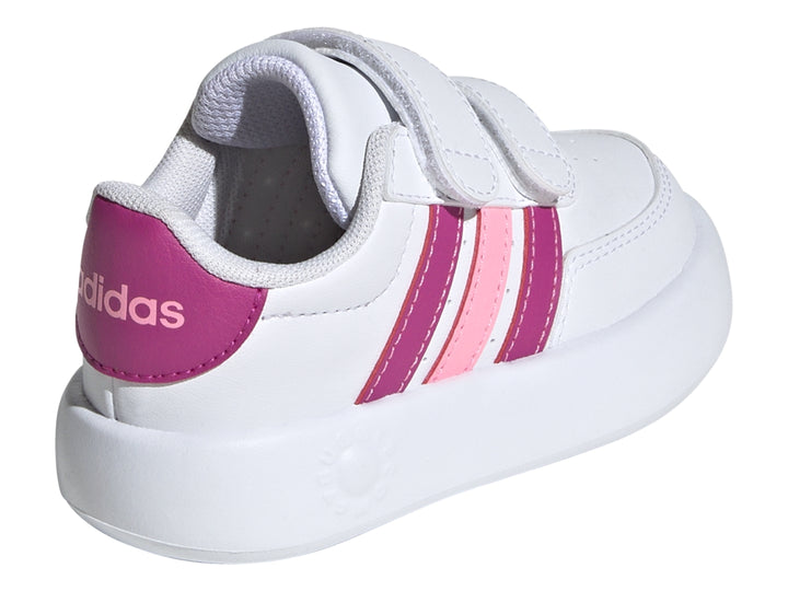 Tenis Adidas Breaknet 2.0 blancos con rayas fucsias y rosas, cierre de velcro para niños pequeños.