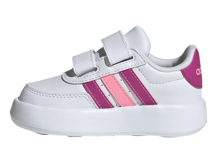 Tenis Adidas Breaknet 2.0 blancos con rayas fucsias y rosas, cierre de velcro para niños pequeños.