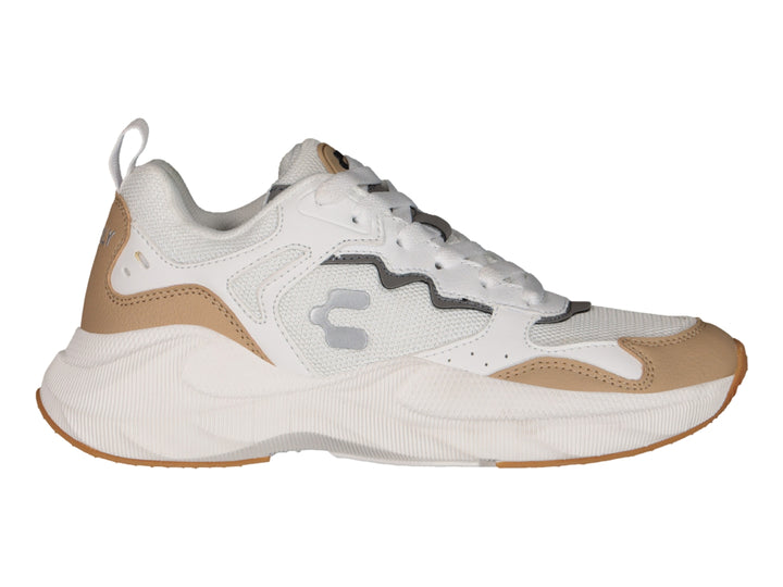 Tenis deportivos Charly color blanco con detalles en beige y gris, diseño de suela gruesa.