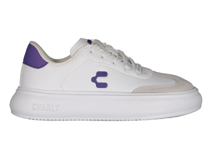 Tenis deportivos blancos para niño o niña con detalles en color morado y suela blanca ancha de la marca Charly.