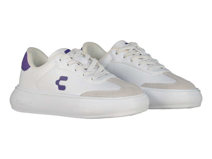 Tenis deportivos blancos para niño o niña con detalles en color morado y suela blanca ancha de la marca Charly.