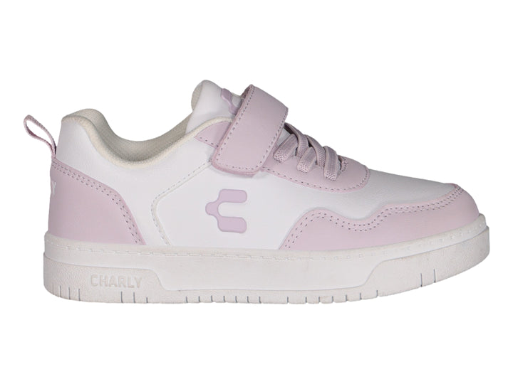 Tenis deportivos infantiles marca Charly en color blanco con detalles en rosa, cierre de velcro y agujetas.
