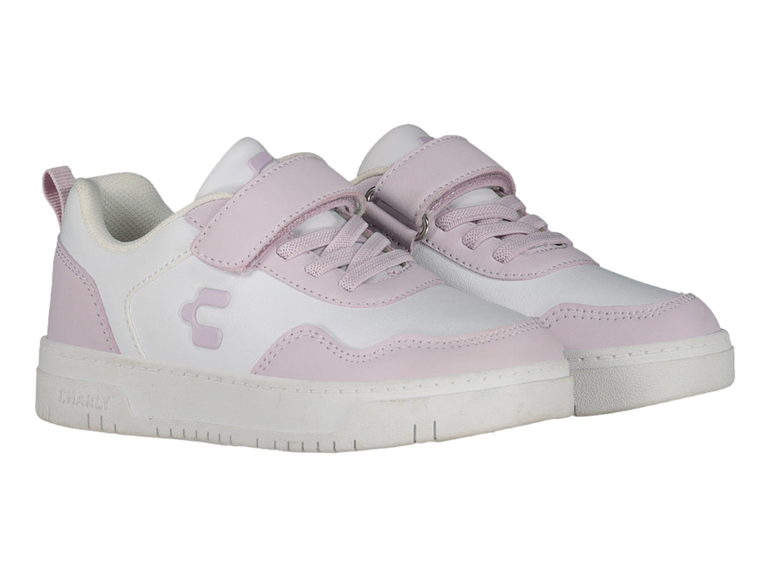Tenis deportivos infantiles marca Charly en color blanco con detalles en rosa, cierre de velcro y agujetas.