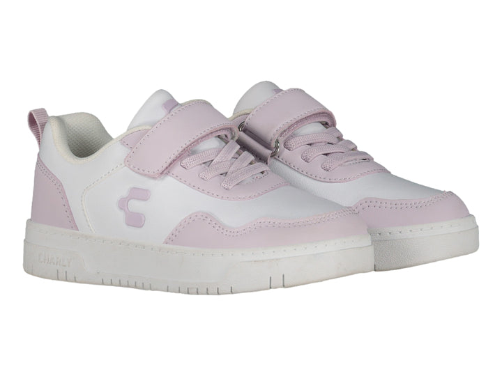 Tenis deportivos infantiles marca Charly en color blanco con detalles en rosa, cierre de velcro y agujetas.