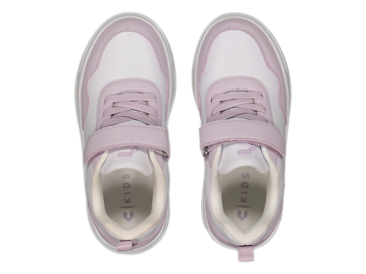 Tenis deportivos infantiles marca Charly en color blanco con detalles en rosa, cierre de velcro y agujetas.
