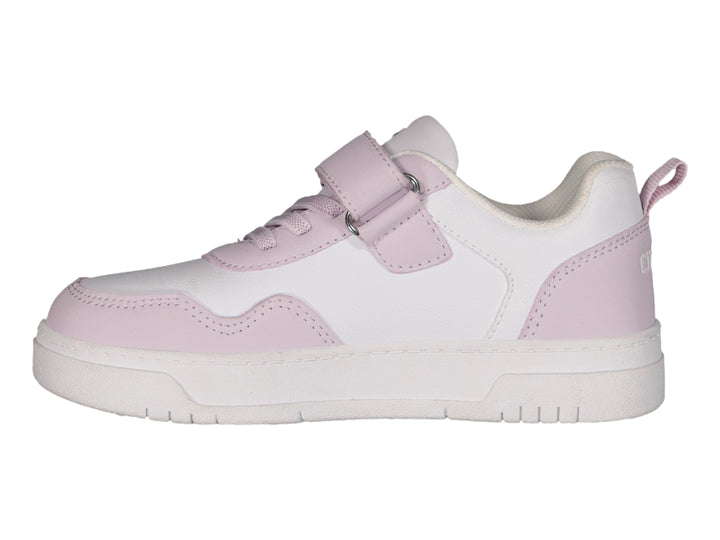 Tenis deportivos infantiles marca Charly en color blanco con detalles en rosa, cierre de velcro y agujetas.
