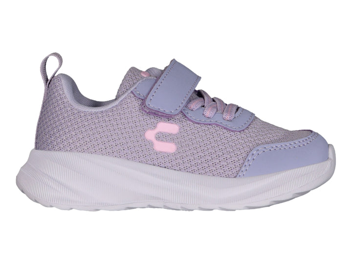 Tenis deportivos color lila para niña con cierre de velcro y suela blanca, marca Charly.