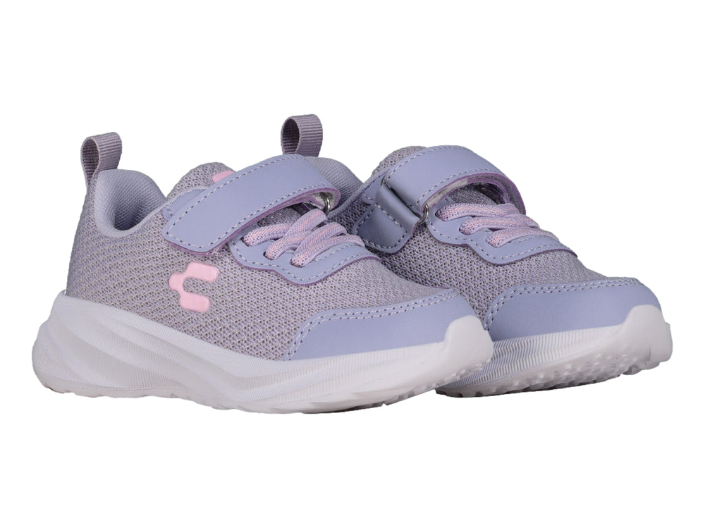Tenis deportivos color lila para niña con cierre de velcro y suela blanca, marca Charly.