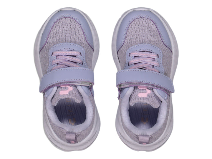 Tenis deportivos color lila para niña con cierre de velcro y suela blanca, marca Charly.