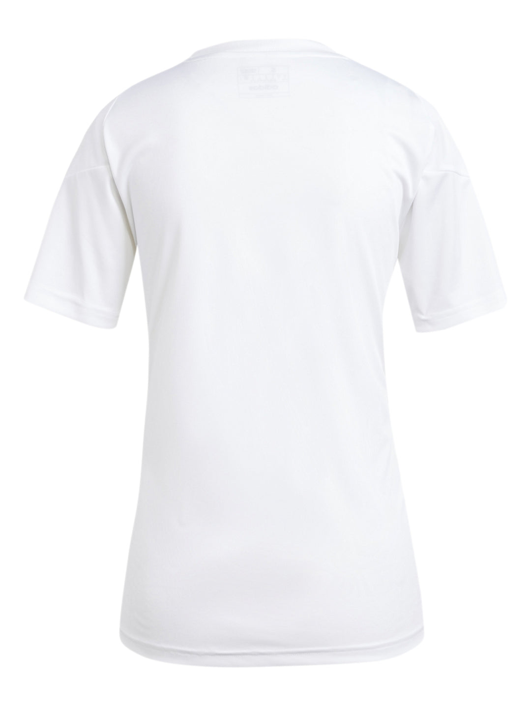 Jersey deportivo Adidas Tiro 24 en color blanco con detalles y rayas negras, usado por una mujer.