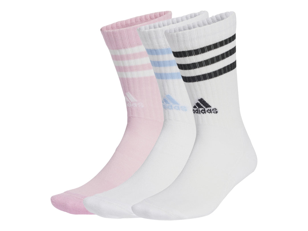 Paquete de tres pares de calcetines deportivos Adidas a media pantorrilla en colores blanco, rosa y blanco con rayas.