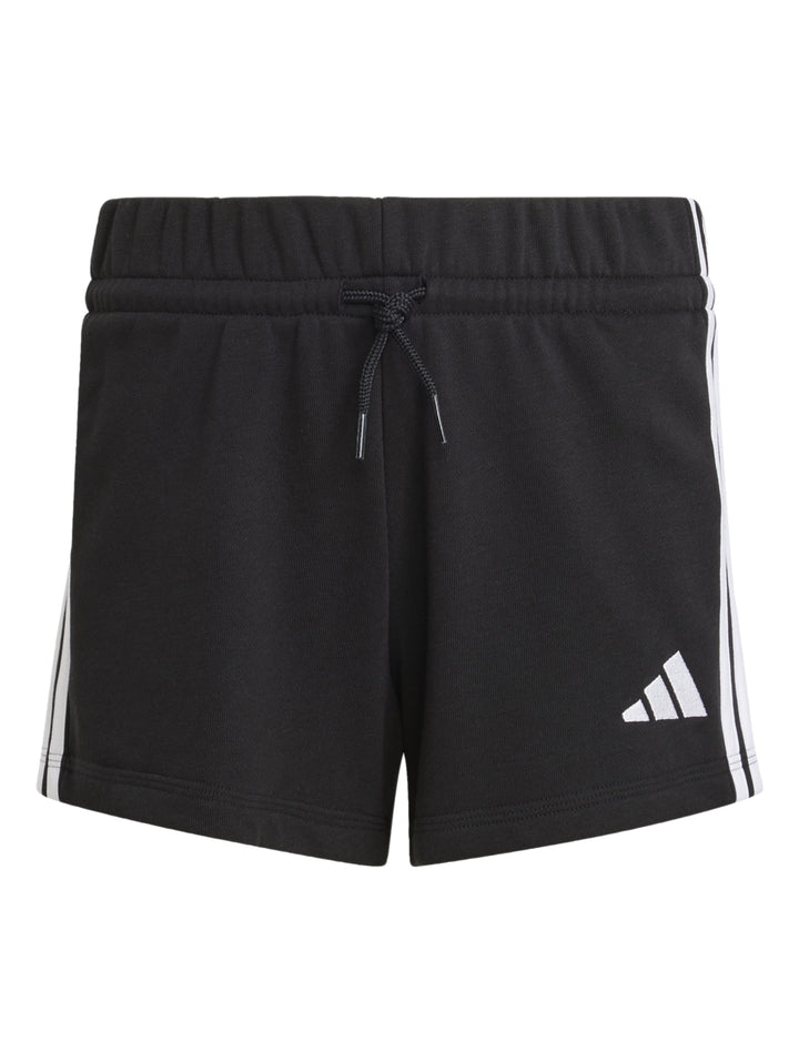 Shorts deportivos Adidas color negro con franjas blancas laterales y cordón de ajuste en la cintura.