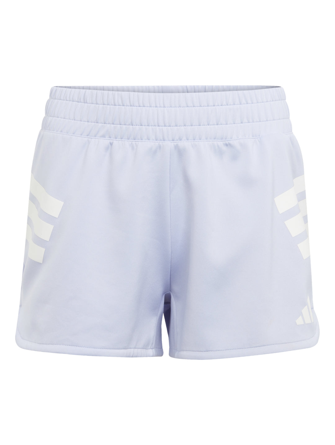 Shorts deportivos Adidas color violeta claro para mujer con franjas blancas laterales.