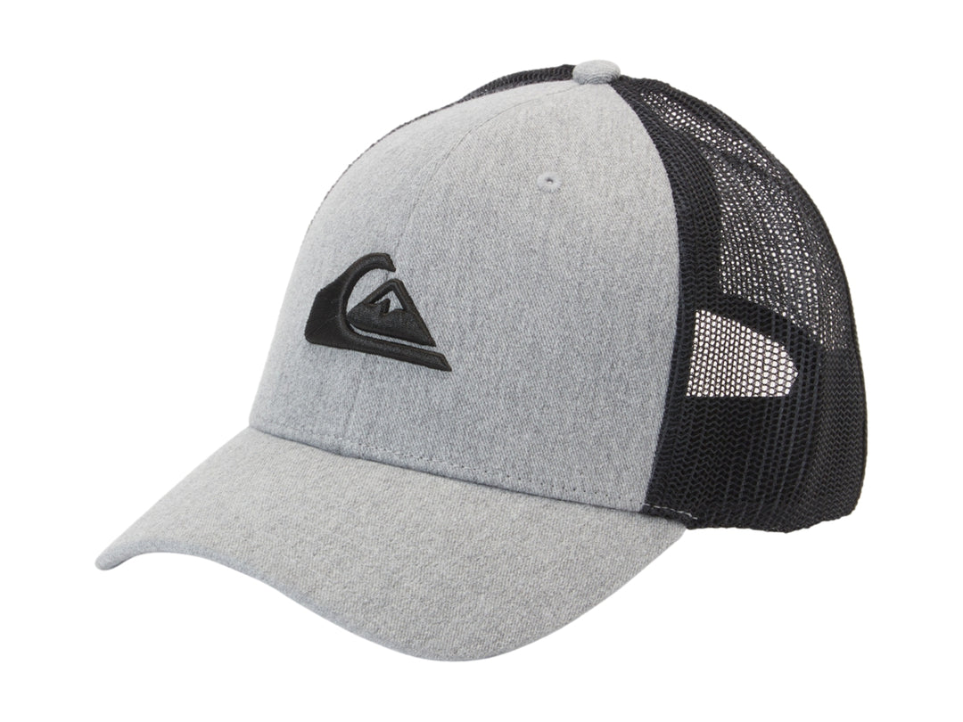 Gorra Quiksilver estilo trucker en color gris jaspeado con malla trasera negra y logotipo frontal negro.